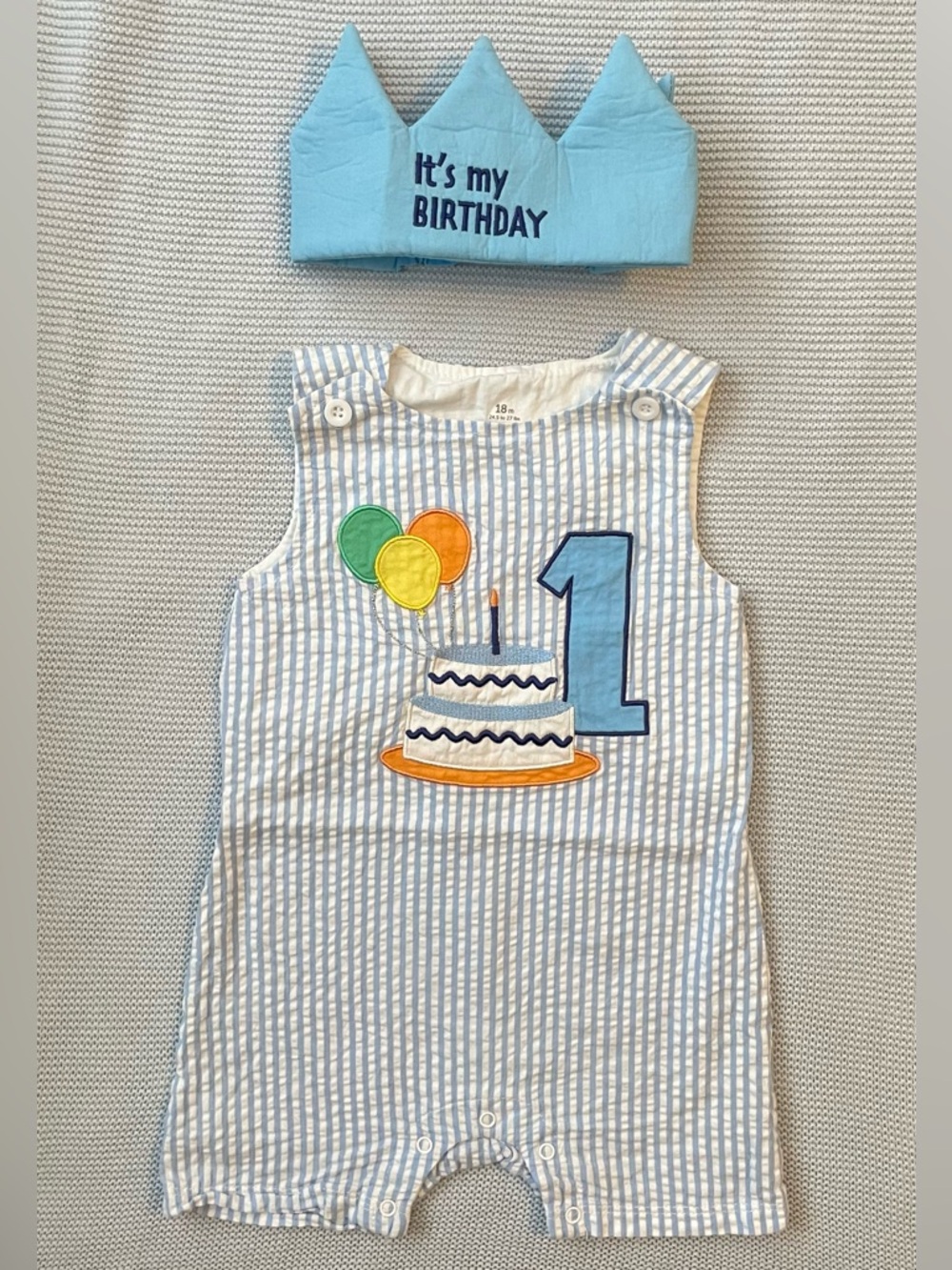 Baby Starters Baby Boys 2-Pc. Shortall & Crown 1st Birthday Set 18 Months - Picture 3 of 8